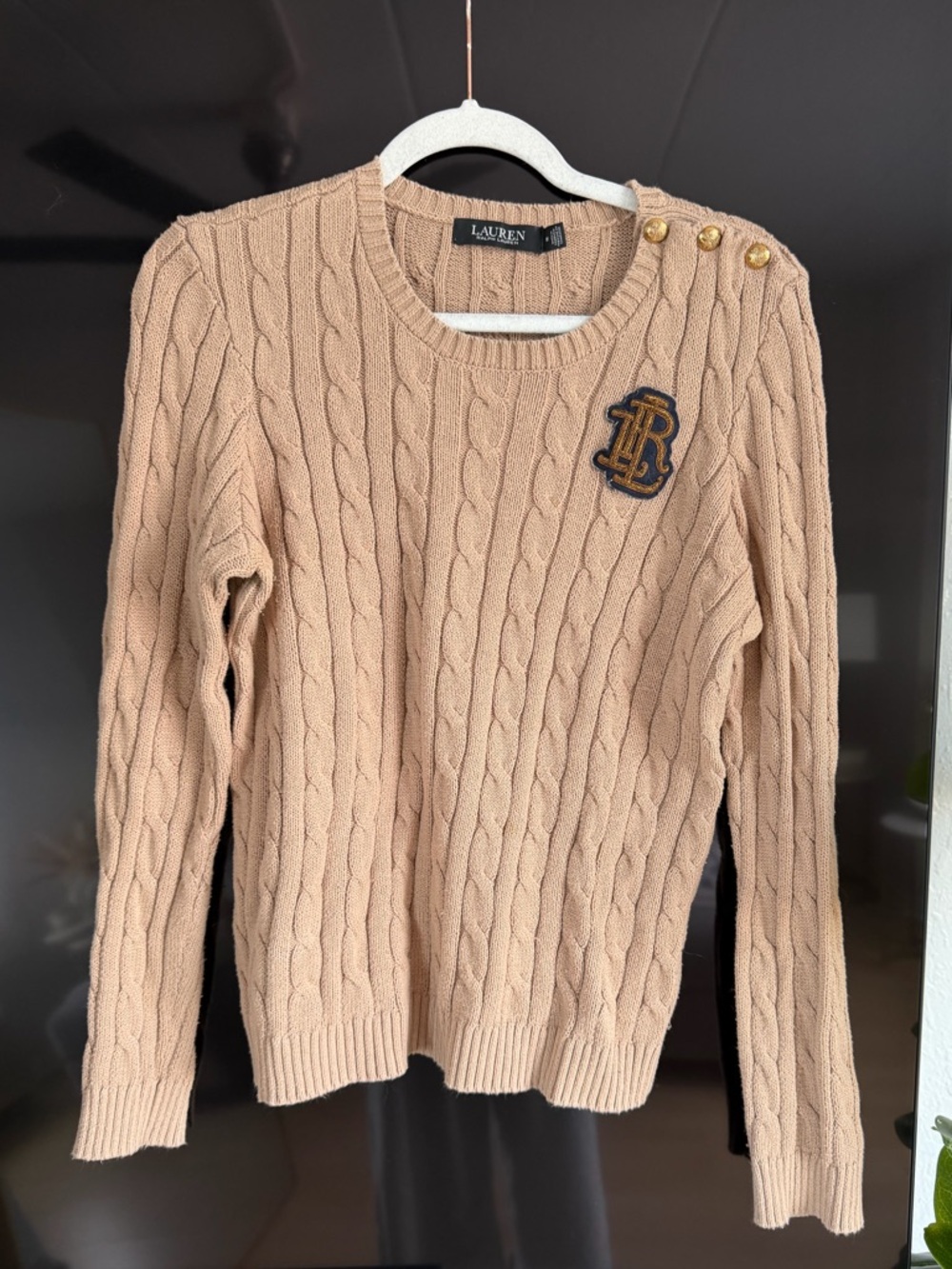 Polo by Ralph Lauren Beige Cable Knit Button Shoulder Sweater